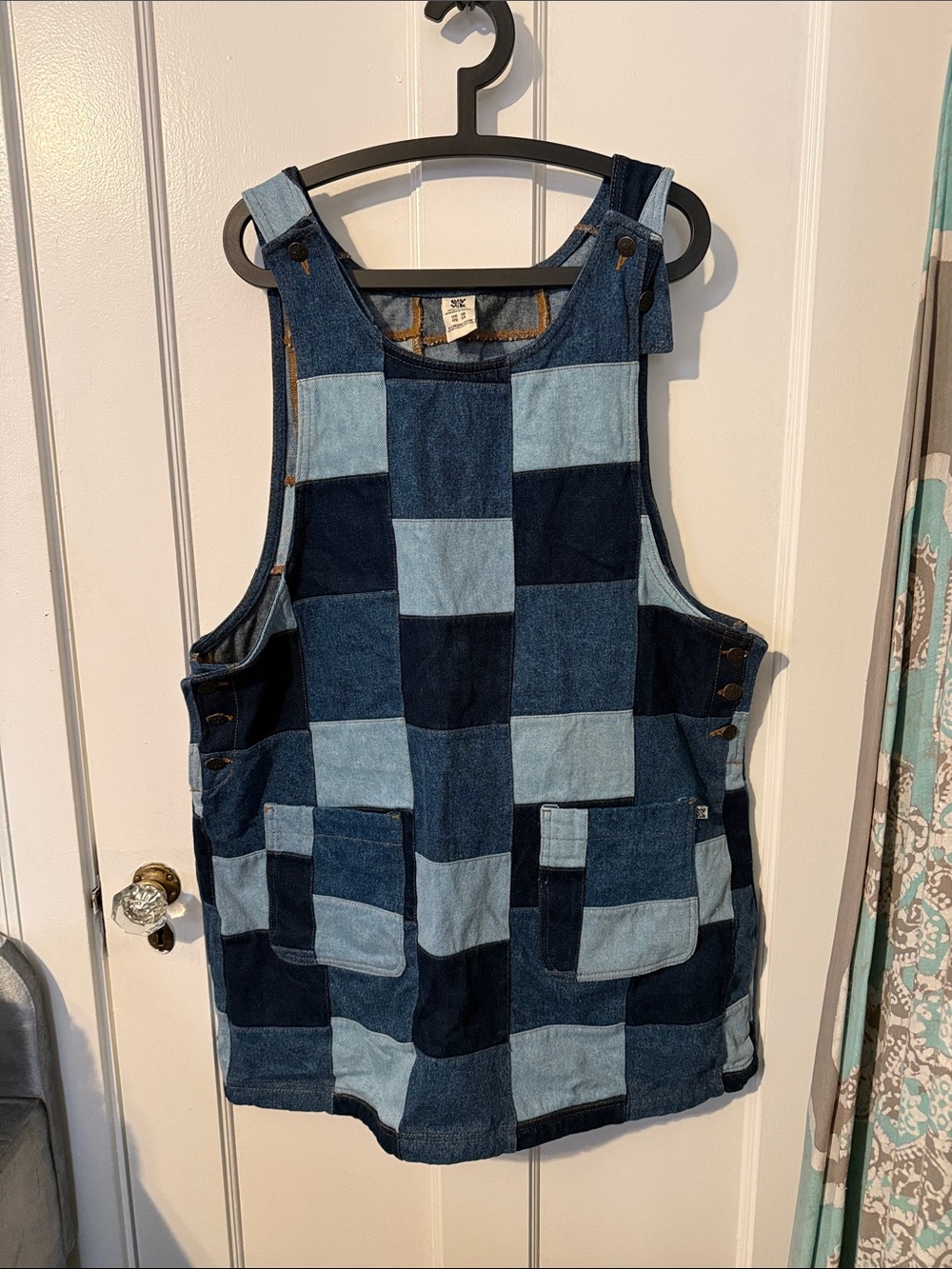 Lucy & Yak Patchwork Denim Pinafore Dress in Light and Dark Blue